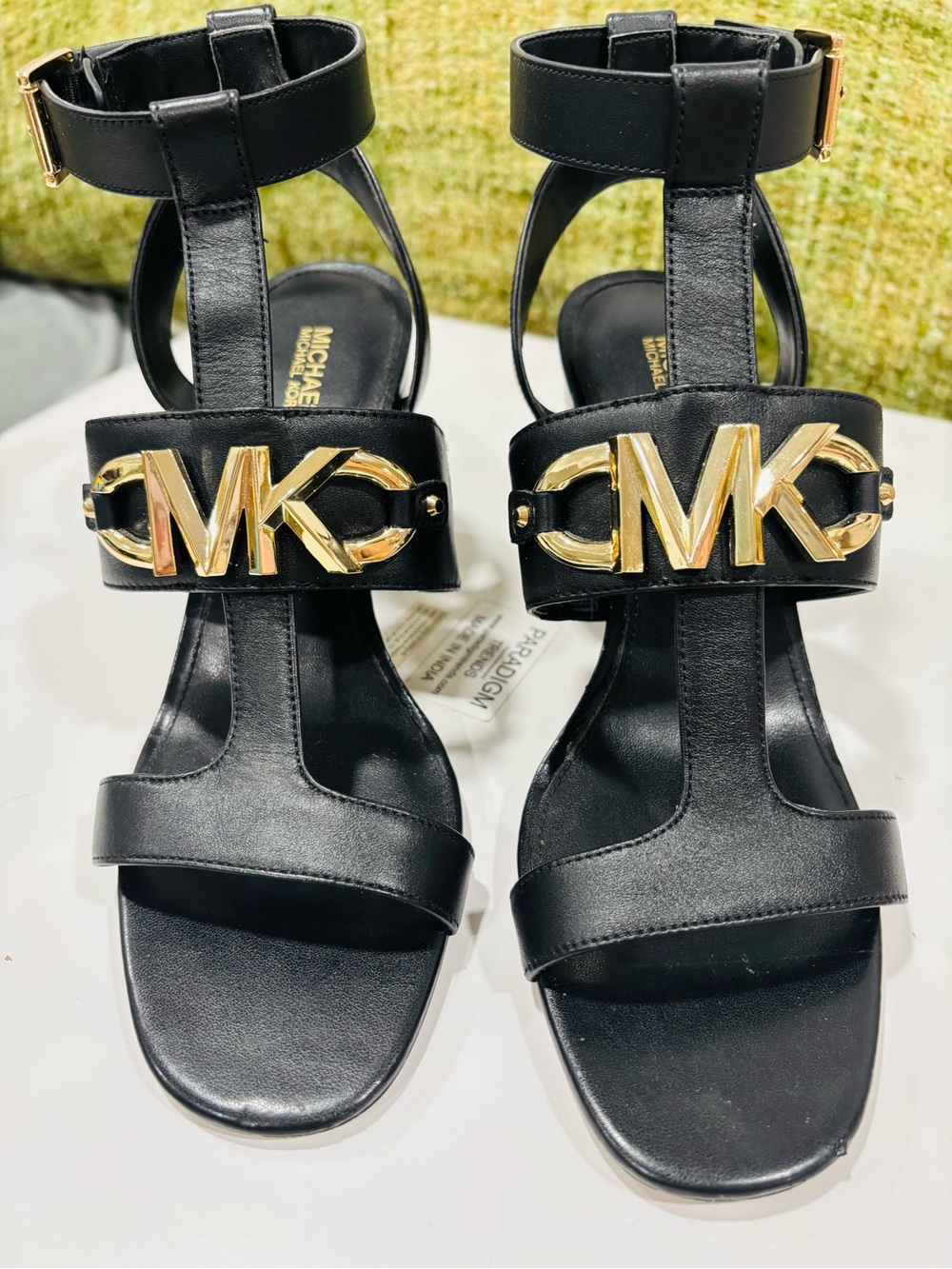 Michael Kors Black Leather Sandals with Gold MK Emblem